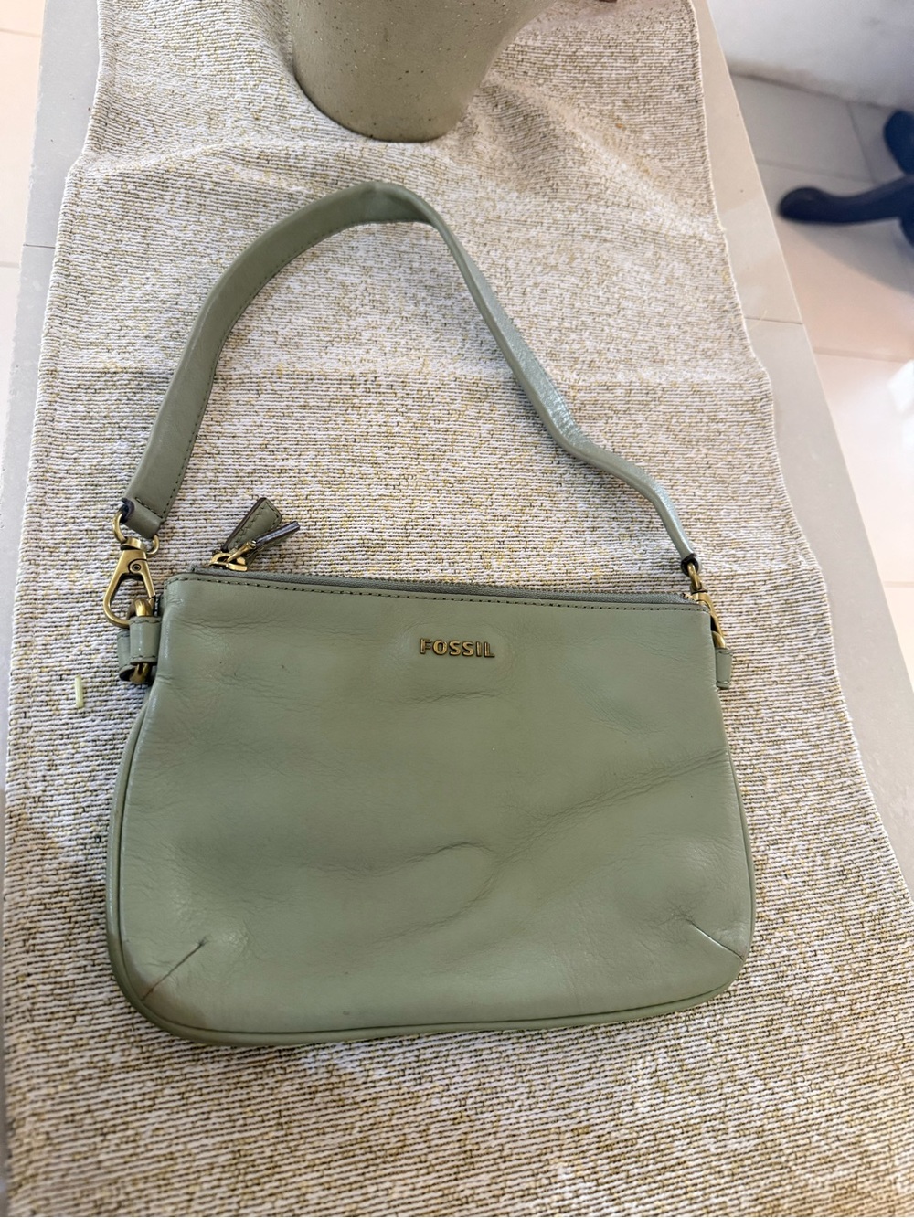 Fossil Light Sage Green Leather Shoulder Bag with Gold Hardware